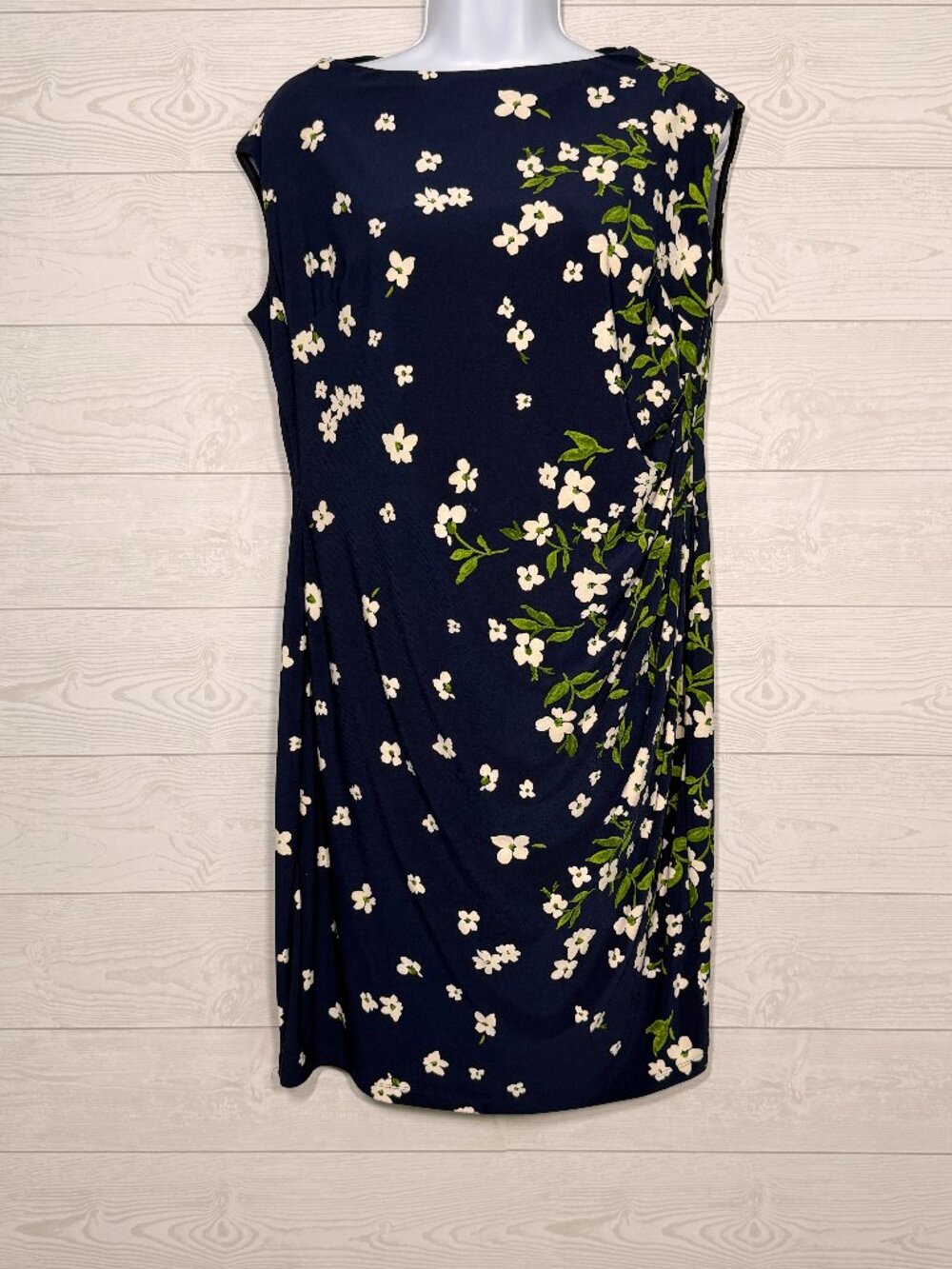 Chaps Navy Floral Draped Dress Size XL Petite White Floral Ruched Side